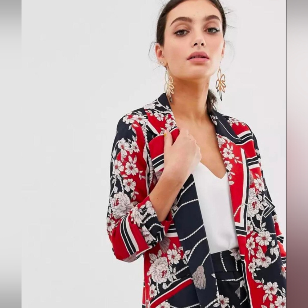 Dex Red and Black‎ Floral Blazer Lightweight Open-Front